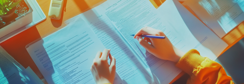 A person holding a pen and looking at documents on their desk