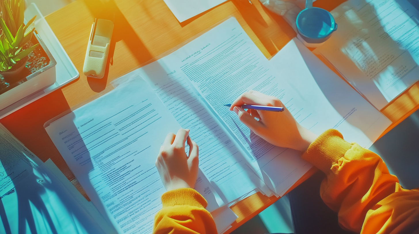 A person holding a pen and looking at documents on their desk