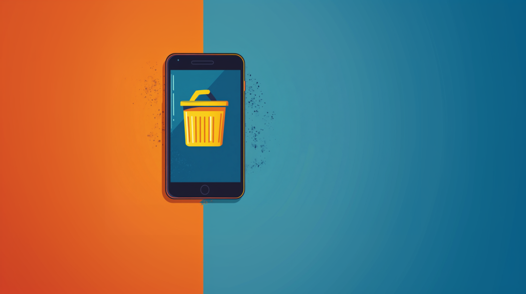 Smartphone displaying a trash can icon on a split orange and blue background.