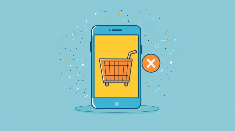 Smartphone with a shopping basket icon displayed on the screen and a small round X icon on the side of the shopping basket