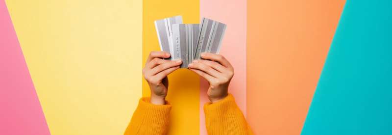 Someone holding silver striped credit cards, colorful background.