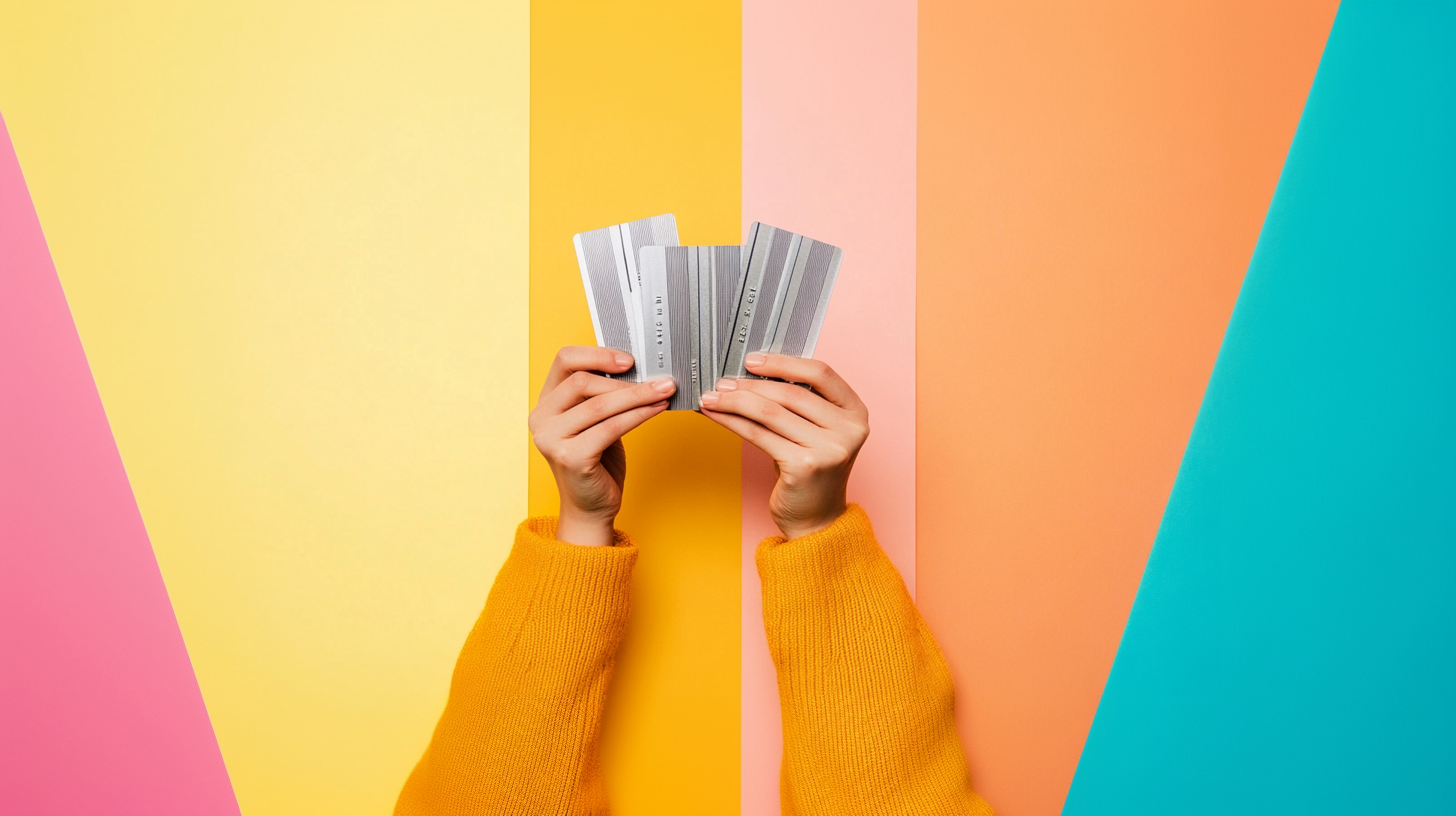 Someone holding silver striped credit cards, colorful background.