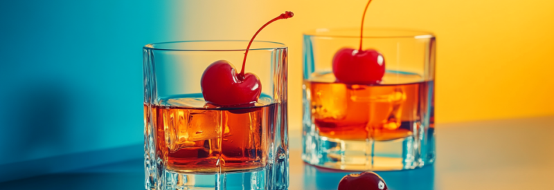 Whiskey drinks on bar counter.