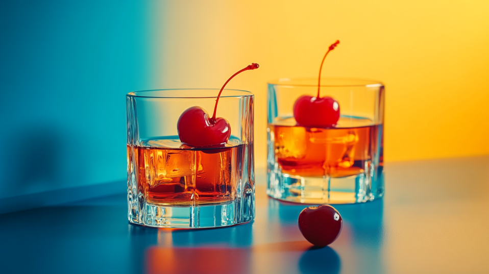 Whiskey drinks on bar counter.