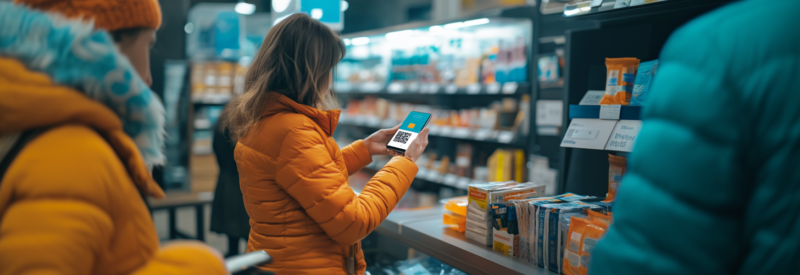 Woman making a payment by scanning a QR code at a store counter