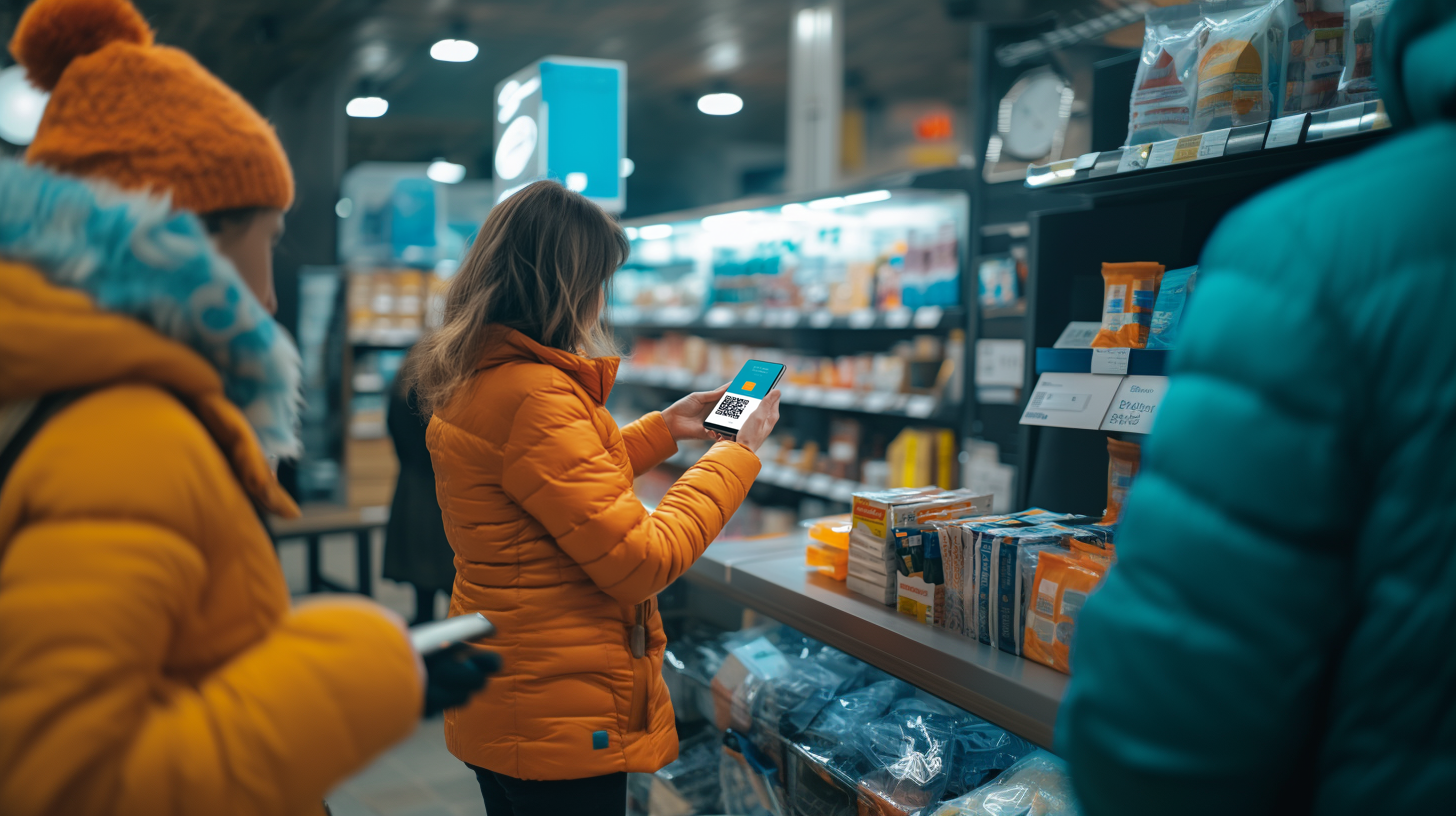 Woman making a payment by scanning a QR code at a store counter