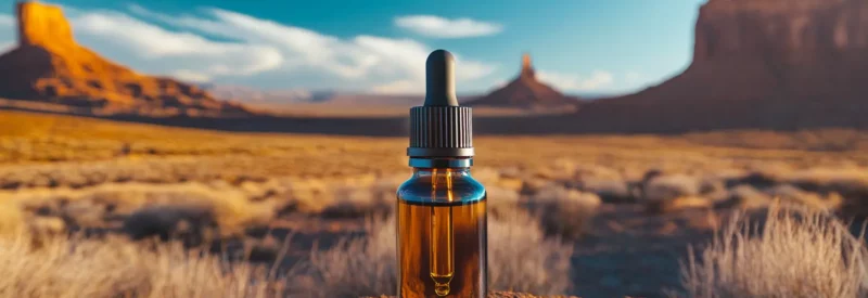 A bottle of CBD oil sits on a rock in a desert landscape, with towering buttes and a bright blue sky in the background.