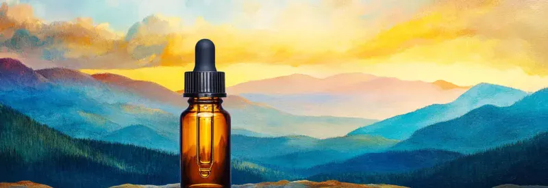 A bottle of CBD oil sits on a natural surface against a scenic, painted backdrop of rolling mountains and a golden sunset.