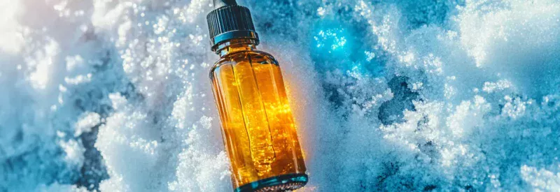 A single amber glass dropper bottle filled with CBD oil resting on glistening snow, illuminated by warm sunlight against a cool blue-toned background.
