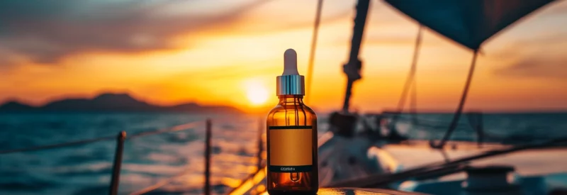 A bottle of CBD oil sits on the polished surface of a sailboat at sunset, with the ocean and distant mountains in the background. The golden light reflects off the bottle and the boat's surface.