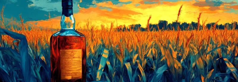 A bottle of liquor stands among tall cornstalks in a vibrant field, illuminated by the golden hues of a sunset, with deep blue shadows adding contrast to the scene.