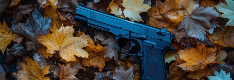 A black handgun resting on a bed of autumn maple leaves in shades of yellow, brown, and blue.