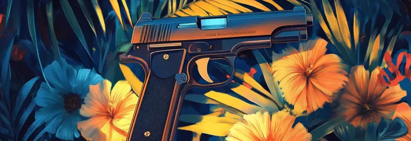 A stylized illustration of a handgun resting among vibrant tropical flowers and dense foliage, blending dark and warm tones.
