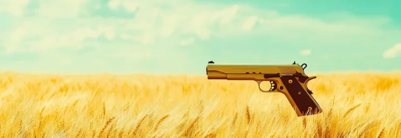 A handgun rests in a golden wheat field under a bright blue sky with scattered clouds.