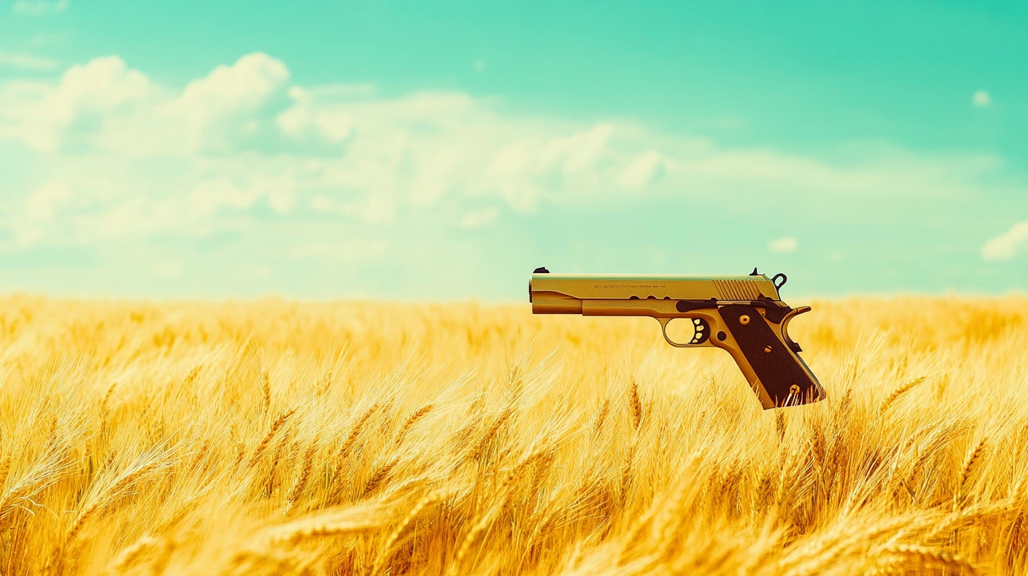 A handgun rests in a golden wheat field under a bright blue sky with scattered clouds.