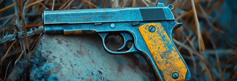 A weathered handgun with a blue and yellow patina rests on a rock among dry grass and twigs.