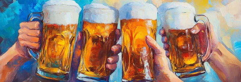A vibrant, painterly illustration of four hands raising large beer steins filled with golden amber beer topped with frothy foam. The background is a blend of blue, yellow, and white brushstrokes, creating a festive and celebratory atmosphere.