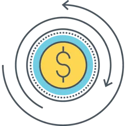 Circle with dollar sign and two arrows around it as part of chargeback management.
