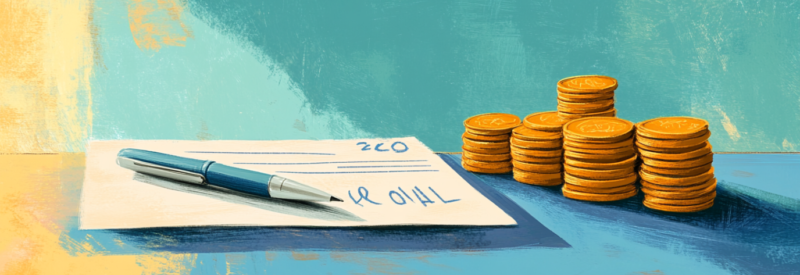 R50 return code canceled paper check next to coins with pen