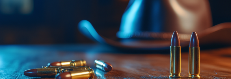 Bullets next to cowboy hat on a wooden counter being sold with ffl license.