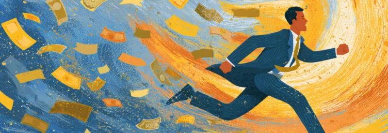 Business man running away from chargeback storm