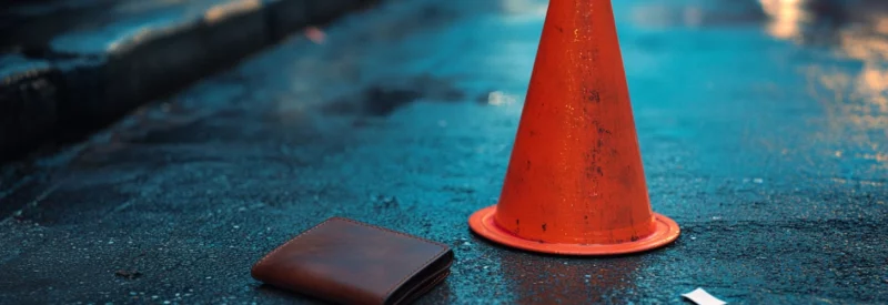 Customer's wallet next to a warning cone in the street.