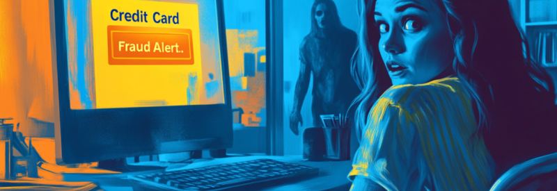 A woman is terrified at the types of credit card fraud on her computer while a strange man watches her from the doorway.