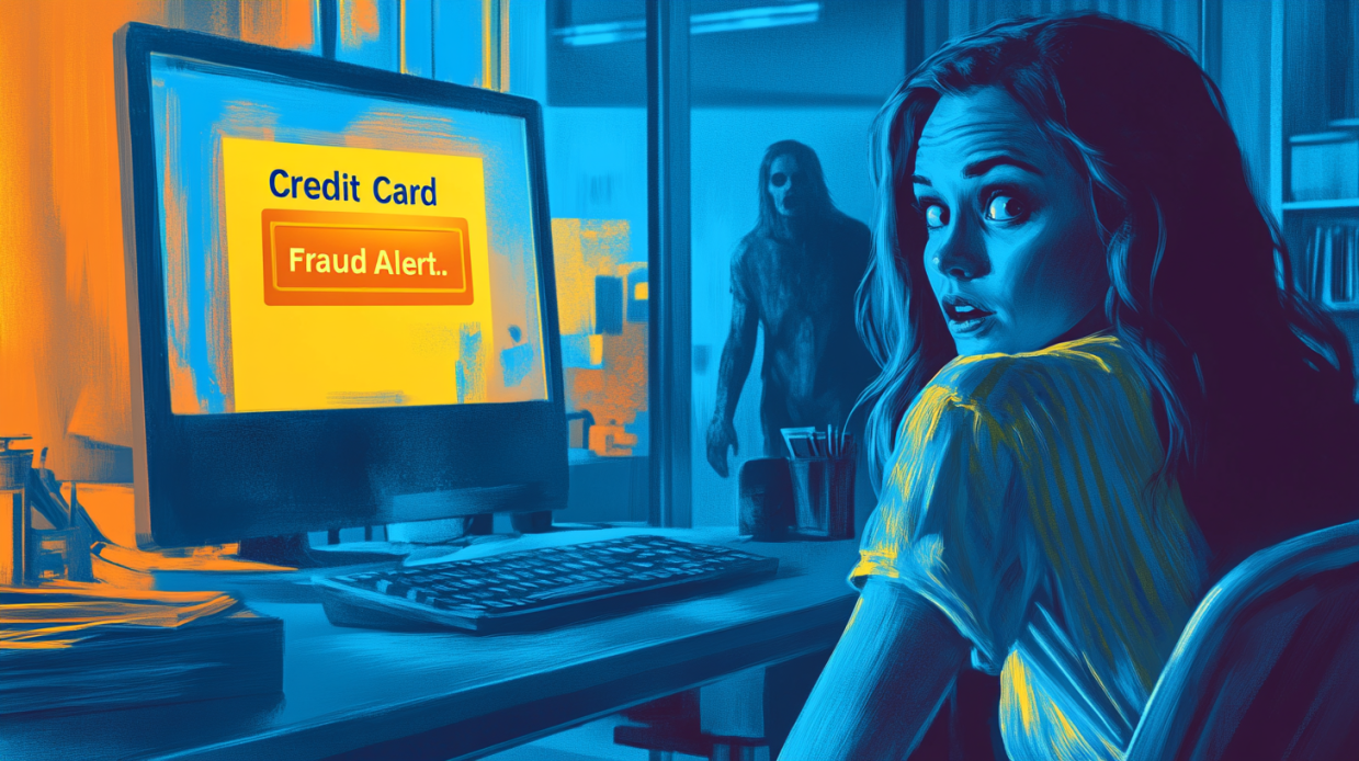 A woman is terrified at the types of credit card fraud on her computer while a strange man watches her from the doorway.
