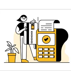 A woman takes a credit card to a terminal after learning about credit card processing APIs.