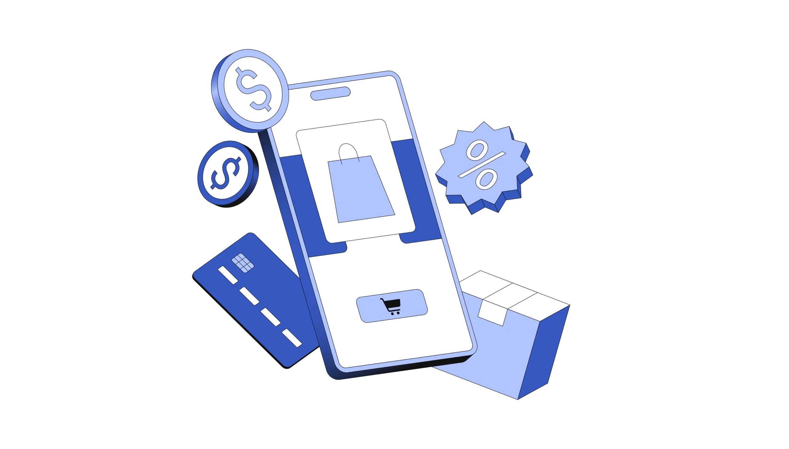 pay-by-text transaction on a blue mobile device as dollar signs, a percentage sign, a credit card, and a delivery box float around it