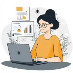 Woman researching payment analytics on her laptop. 