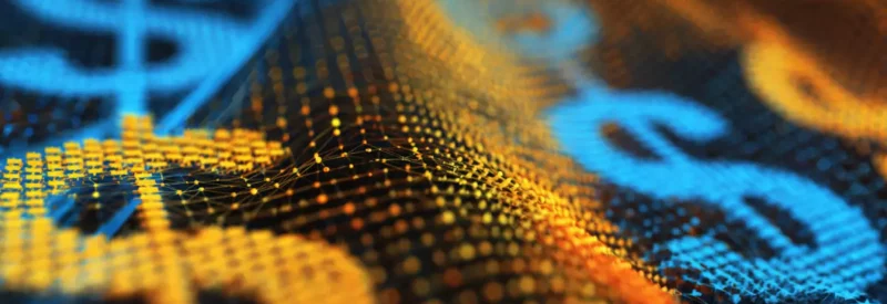 blue and orange dollar signs in a electronic network as part of ACH processing for small business