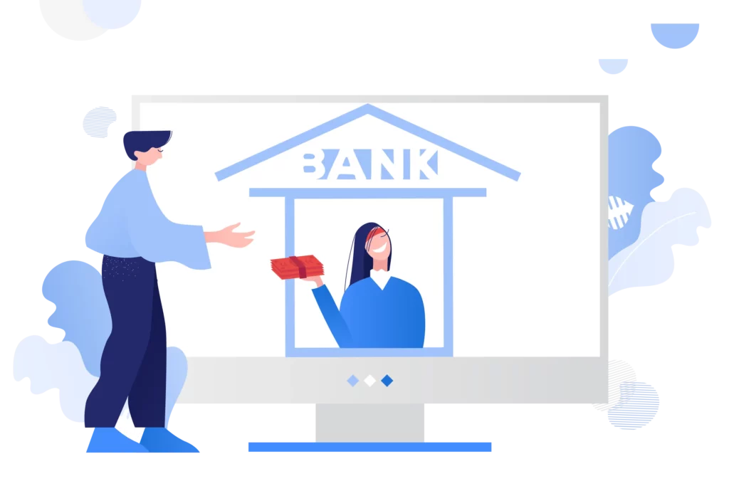 a computer screen showing a bank teller transferring cash for ACH payment processing for small businesses
