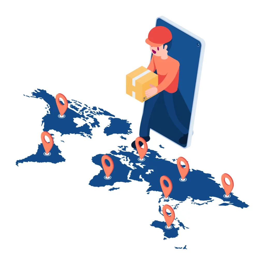 navy blue map with location drops and a delivery man scaling his dropshipping business