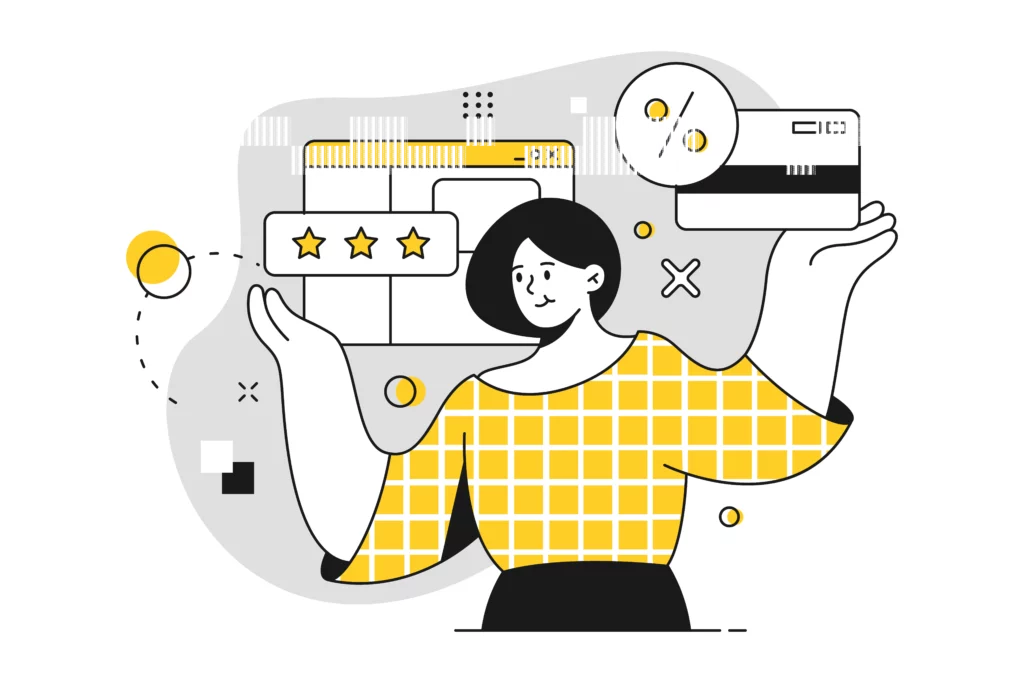 a woman in a yellow shirt juggling a credit card, percentage sign, and online interface in the air as she searches for payfac-as-a-service companies