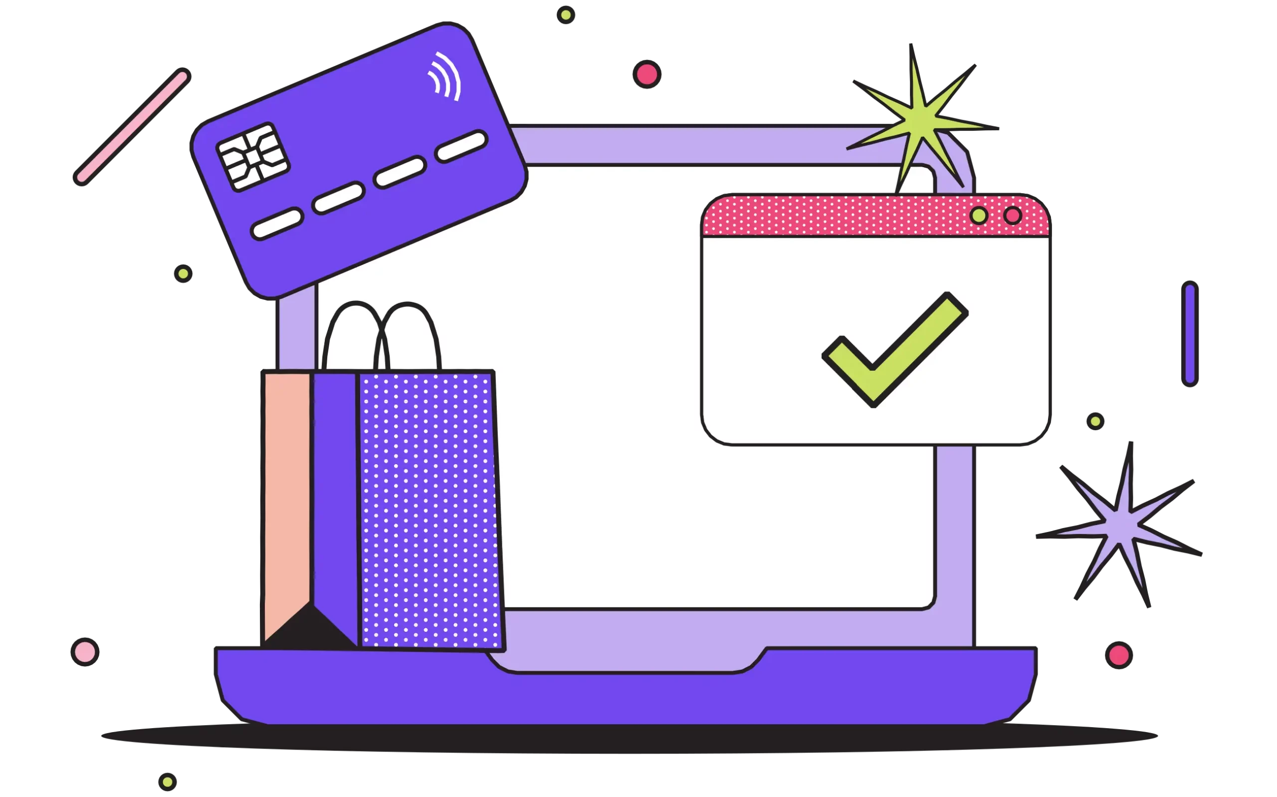 a purple credit card, shopping bags, and laptop completing an online purchase using embedded finance