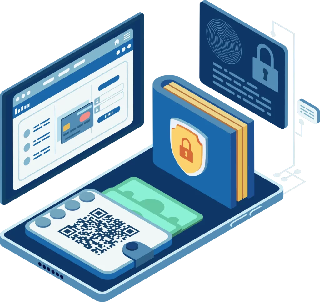 navy blue online checkout screen, a padlocked digital wallet on mobile device, and security features for a credit card transaction powered by embedded finance