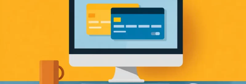 two credit cards on a computer screen for an online checkout leveraging embedded finance solutions with an orange background