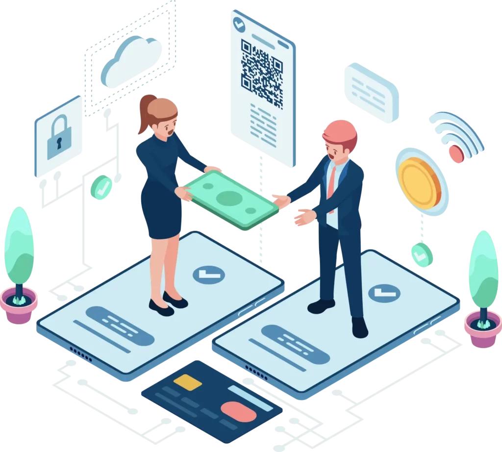 a businesswoman handing a businessman cash as both stand on mobile devices showing approved payments using embedded finance