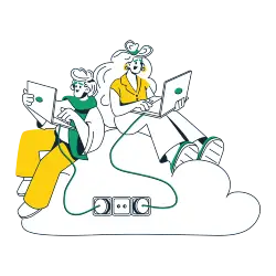 two computers plugged into a cloud-based program as business owners on laptops utilize their ISV payments