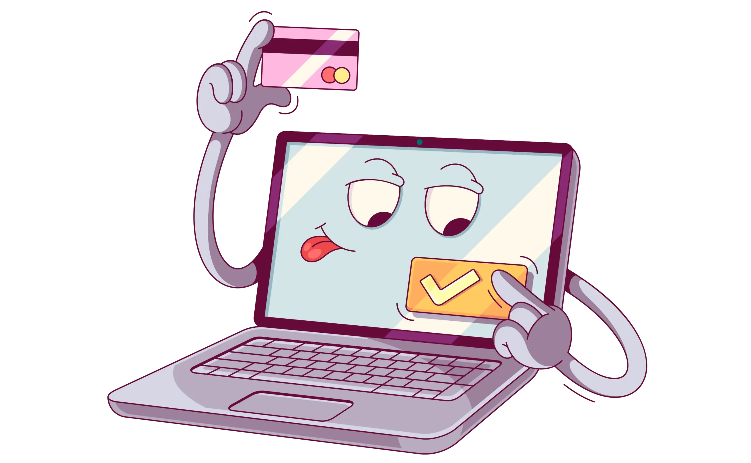an animated laptop holding a credit card and pressing a button as mor payment initiates