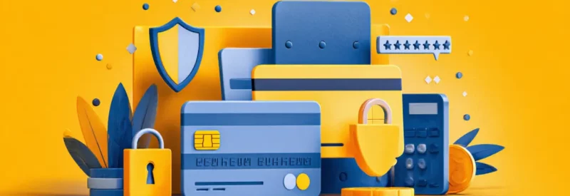 credit cards, padlocks, and security shields against an orange background to symbolize a secure merchant of record transaction