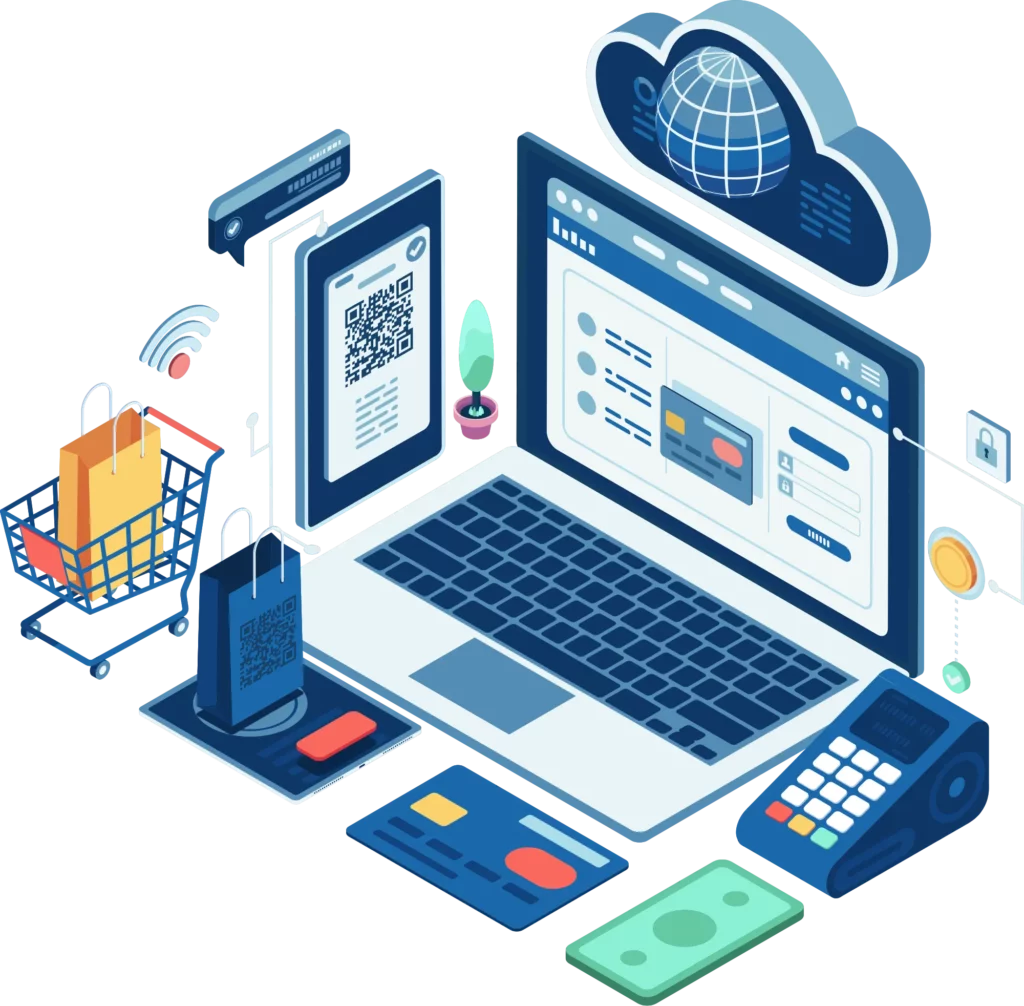 navy blue eCommerce checkout page, payment terminal, mobile payment, credit card, cash, and shopping cart working together on a merchant of record model platforms