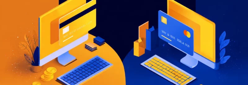 a desktop computer with a credit card floating in front of it against an orange background and another laptop with a credit card floating in front it against a blue background to represent payment aggregator vs payment facilitator