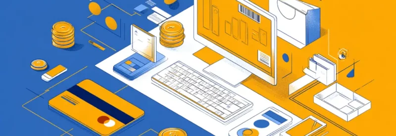 blue and orange background with a credit card and desktop computer showing an online platform processing a PFaaS payment