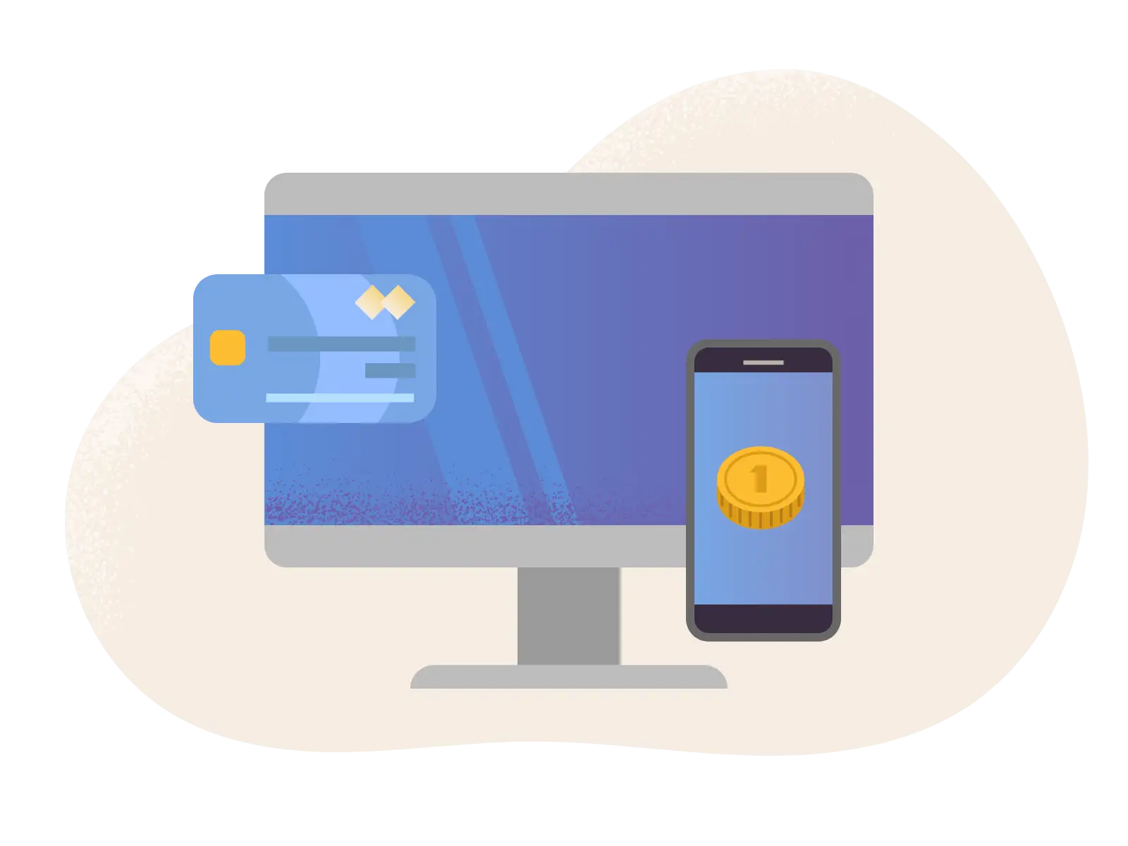 a desktop screen with a credit card and mobile device floating in front of it as a payment aggregator example