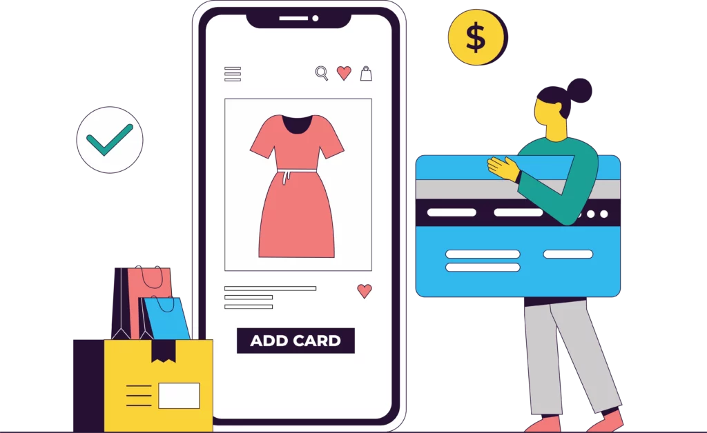 a woman holding a blue credit card standing in front of a mobile device showing a checkout screen using a payment aggregator