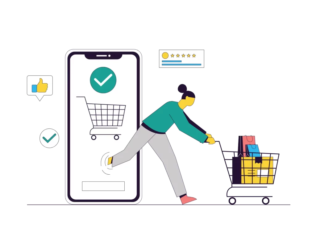 a woman pushing a shopping card as she walks out of a mobile device's checkout screen using an online payment aggregator