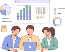 coworkers sitting in front of a laptop examining payment analytics and reporting data with charts and graphs around them