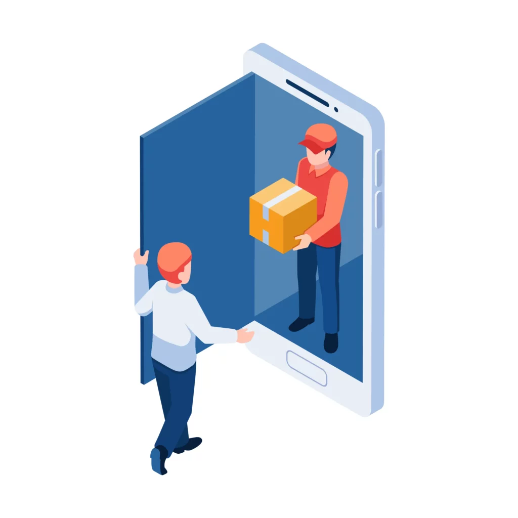 a dropshipping business owner scaling delivery operations as seen through a mobile phone with a navy blue background